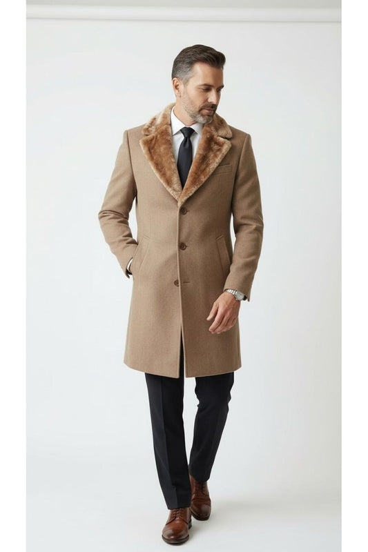 Erkek Uzun Kaşe Kaban Palto Mont– Çıkartılabilir Kürk Yaka, Astarlı ve Cepli Slim Fit - Bej