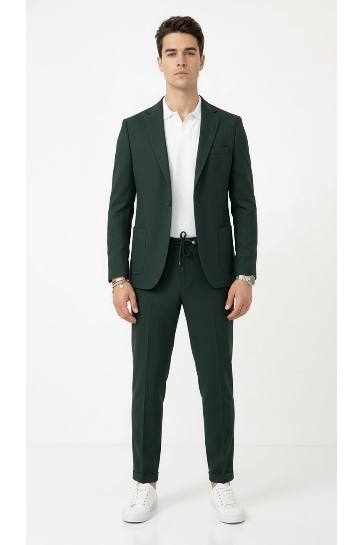 Pike Kumaş Jogger Pantolonlu Erkek Takım Elbise – Torba Cepli Tek Düğme Slim Fit Kombin - Yeşil