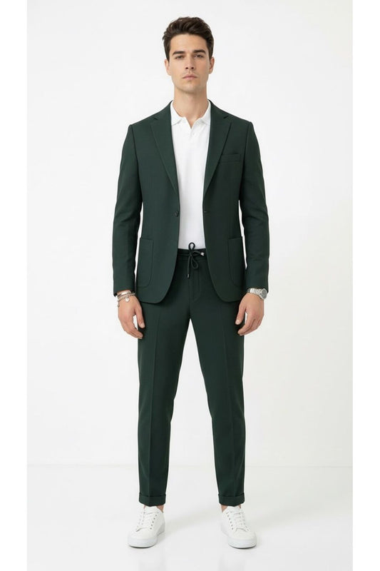 Pike Kumaş Jogger Pantolonlu Erkek Takım Elbise – Torba Cepli Tek Düğme Slim Fit Kombin - Yeşil
