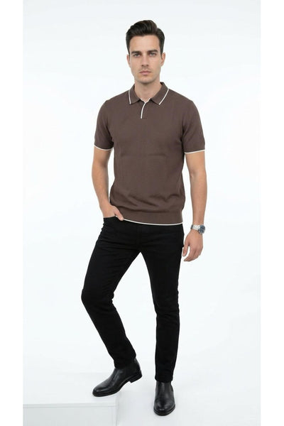 Erkek Pike Dokulu Triko Polo Yaka Tişört Slim Fit Şerit Detaylı Yazlık Model - Kahverengi