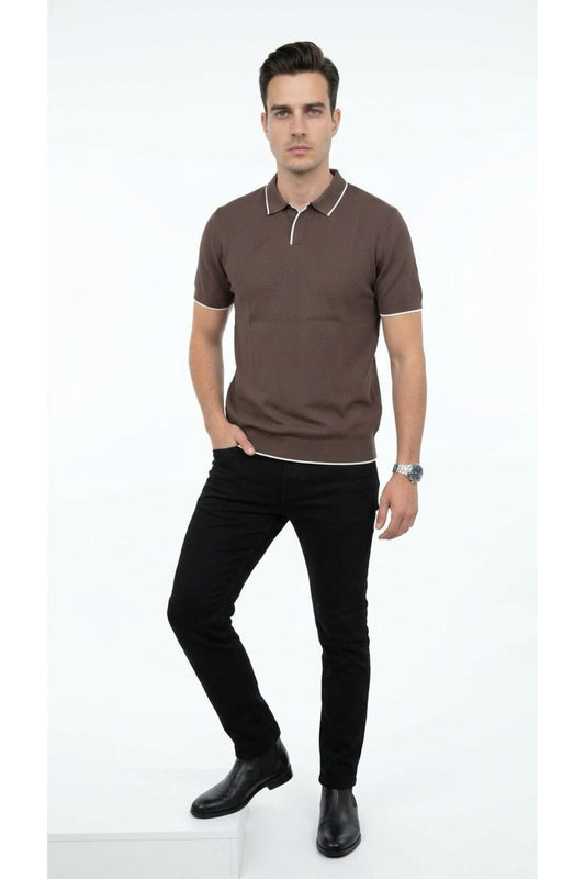 Erkek Pike Dokulu Triko Polo Yaka Tişört Slim Fit Şerit Detaylı Yazlık Model - Kahverengi