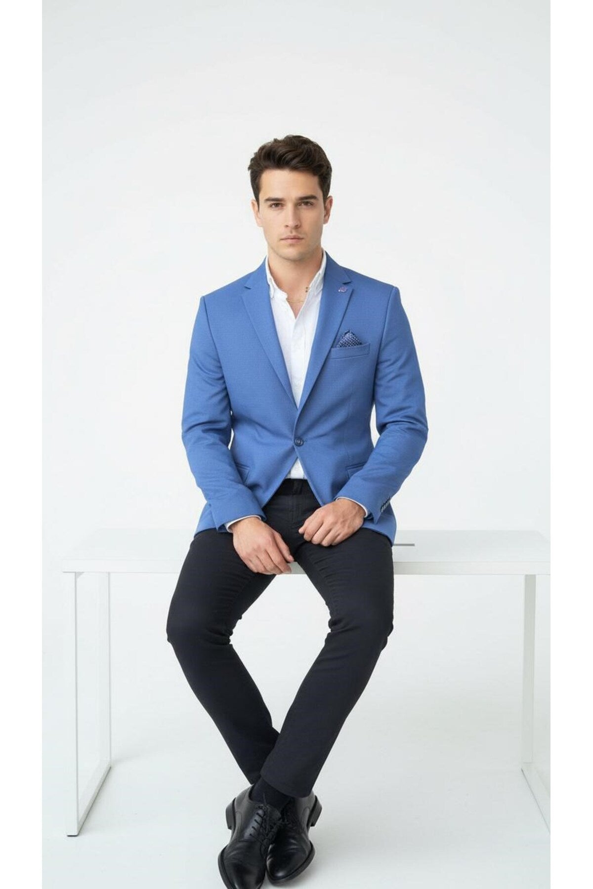 Erkek Slim Fit Blazer Ceket Açık İndigo – Tek Düğmeli – Şık Günlük & Ofis Kombinleri için – Tam Asta - Mavi