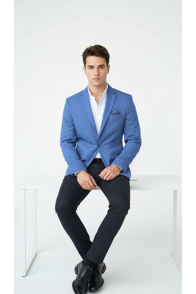 Erkek Slim Fit Blazer Ceket Açık İndigo – Tek Düğmeli – Şık Günlük & Ofis Kombinleri için – Tam Asta - Mavi