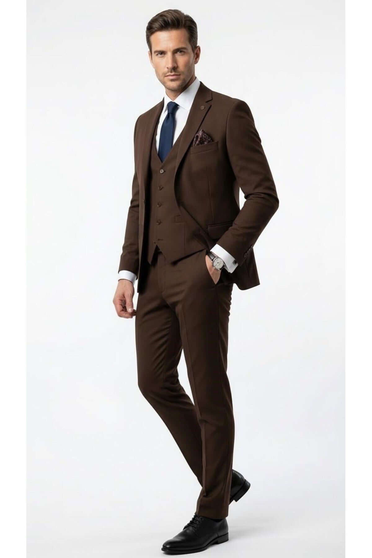 Erkek 3 Parça Slim Fit Takım Elbise –Klasik Likralı Kumaş, Tek Düğme, Çift Yırtmaçlı Modern Kesim ( - Kahverengi