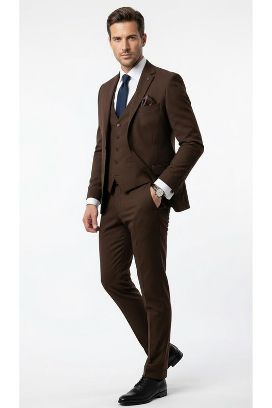 Erkek 3 Parça Slim Fit Takım Elbise –Klasik Likralı Kumaş, Tek Düğme, Çift Yırtmaçlı Modern Kesim ( - Kahverengi