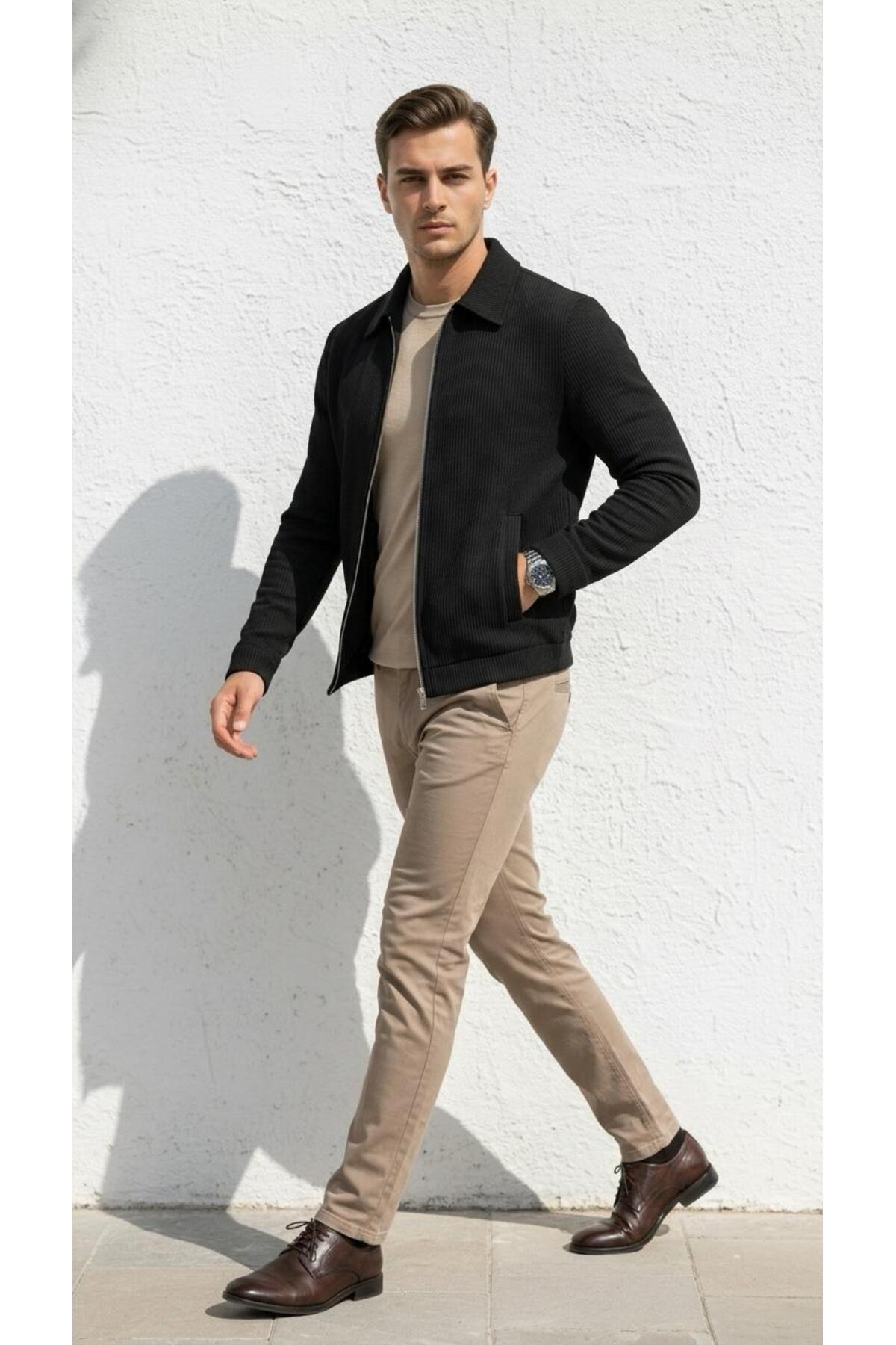 Slim Fit Fitilli Dokulu Erkek Fermuarlı Mont Ceket Günlük Şık Kombin - Siyah