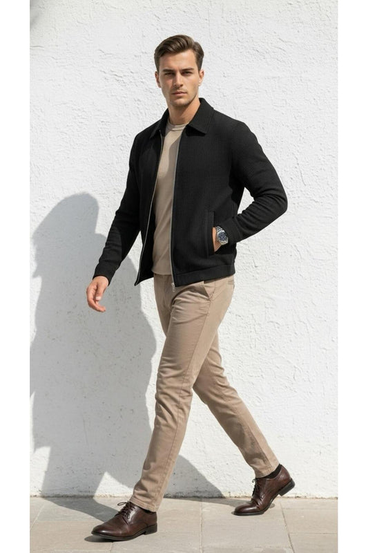 Slim Fit Fitilli Dokulu Erkek Fermuarlı Mont Ceket Günlük Şık Kombin - Siyah
