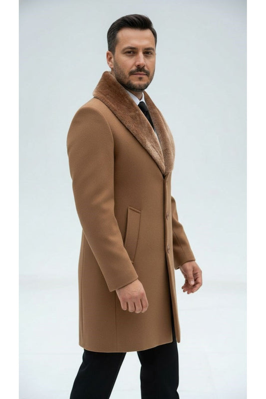 Erkek Uzun Kaşe Kaban – Çıkartılabilir Kürk Yaka, Astarlı ve Cepli Slim Fit Mont (Bej, - Beyaz