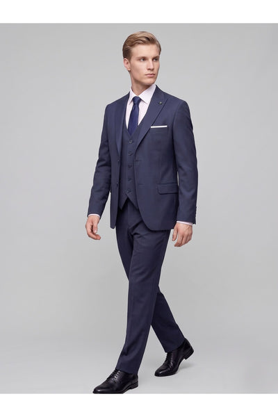 Erkek 3 Parça Slim Fit Çift Yırtmaçlı Takım Elbise Yelekli Şık Klasik Takım 6 Drop - Lacivert