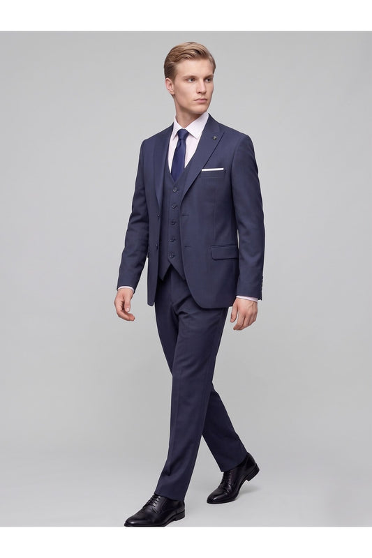 Erkek 3 Parça Slim Fit Çift Yırtmaçlı Takım Elbise Yelekli Şık Klasik Takım 6 Drop - Lacivert