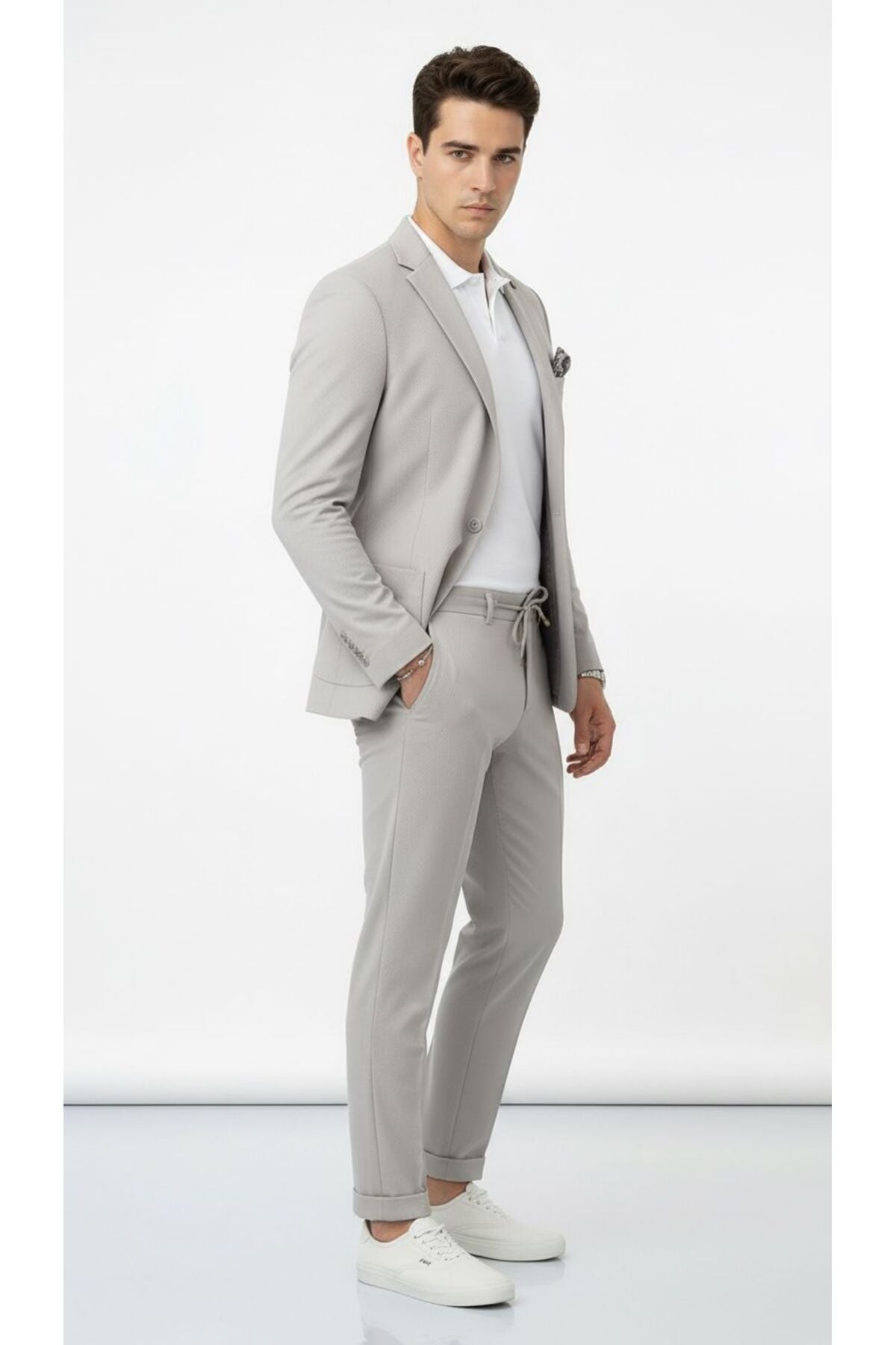 Pike Kumaş Jogger Pantolonlu Erkek Takım Elbise – Torba Cepli Tek Düğme Slim Fit Kombin - Gri