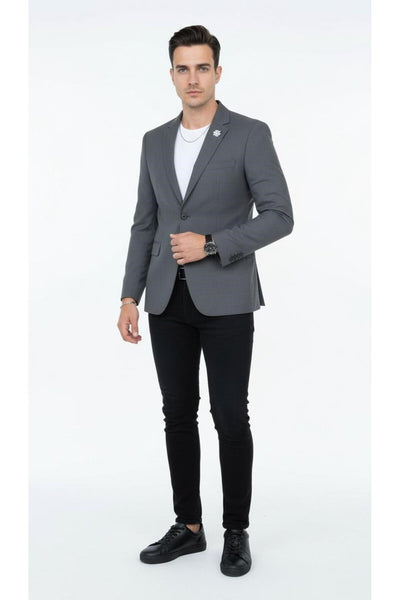 Erkek Mono Yaka Tek Düğmeli Çift Yırtmaçlı Blazer Ceket – Premium Dokuma Kumaş, 8 Renk - Gri