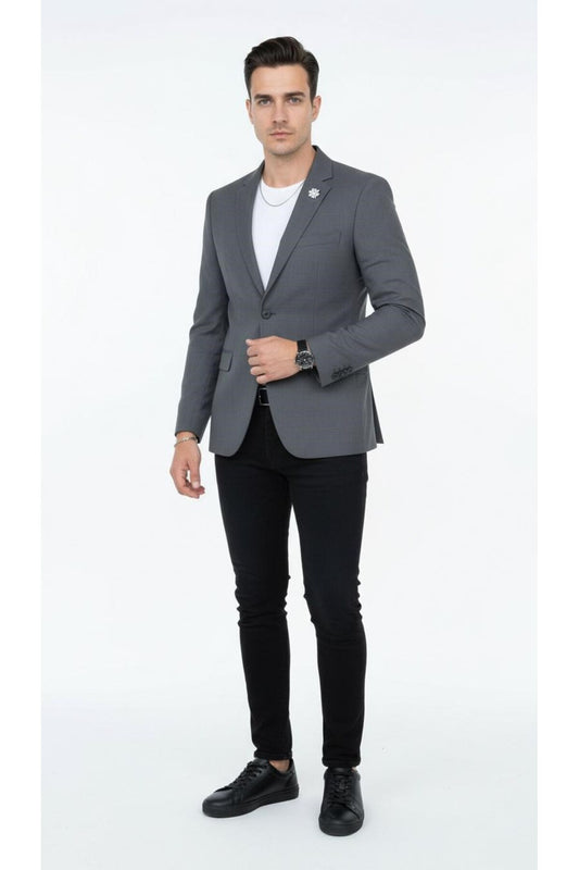 Erkek Mono Yaka Tek Düğmeli Çift Yırtmaçlı Blazer Ceket – Premium Dokuma Kumaş, 8 Renk - Gri