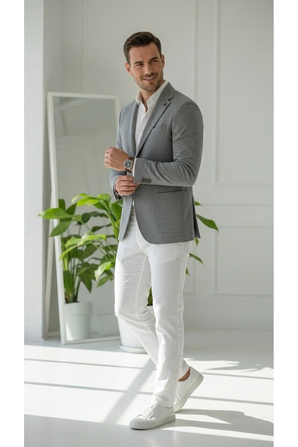 Erkek Slim Fit Blazer Ceket Tek Düğmeli Çift Yırtmaçlı Torba Cepli Yarım Astarlı - Gri