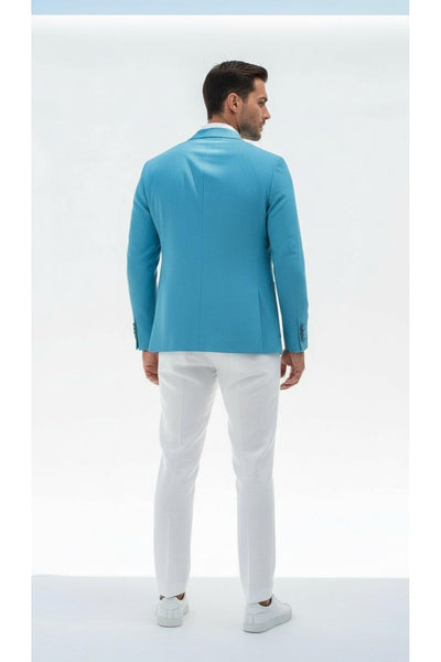 Erkek Slim Fit Blazer Ceket Tek Düğmeli Çift Yırtmaçlı Torba Cepli Yarım Astarlı - Turkuaz