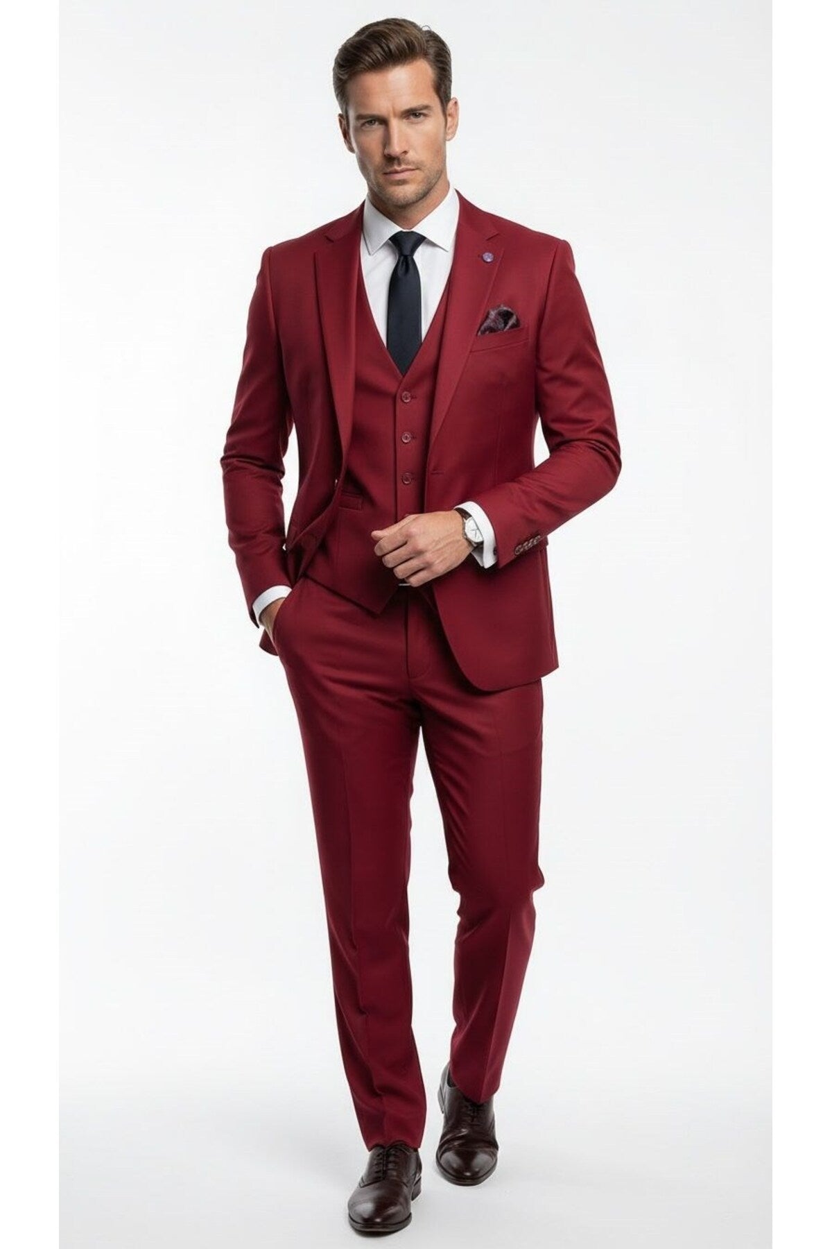 Erkek 3 Parça Slim Fit Takım Elbise –Klasik Likralı Kumaş, Tek Düğme, Çift Yırtmaçlı Modern Kesim ( - Bordo