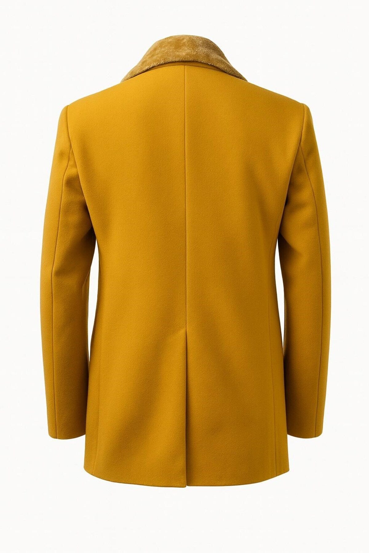 Erkek Uzun Kaşe Kaban – Çıkartılabilir Kürk Yaka, Astarlı ve Cepli Slim Fit Mont - Sarı