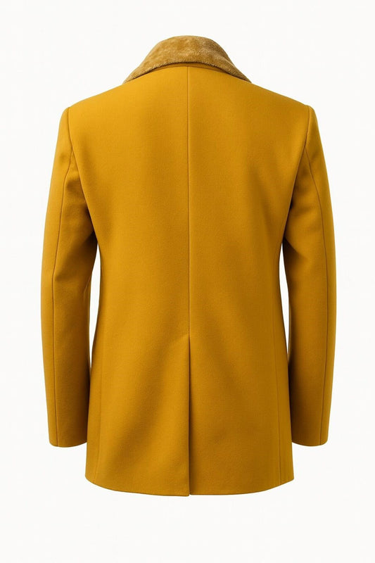 Erkek Uzun Kaşe Kaban – Çıkartılabilir Kürk Yaka, Astarlı ve Cepli Slim Fit Mont - Sarı