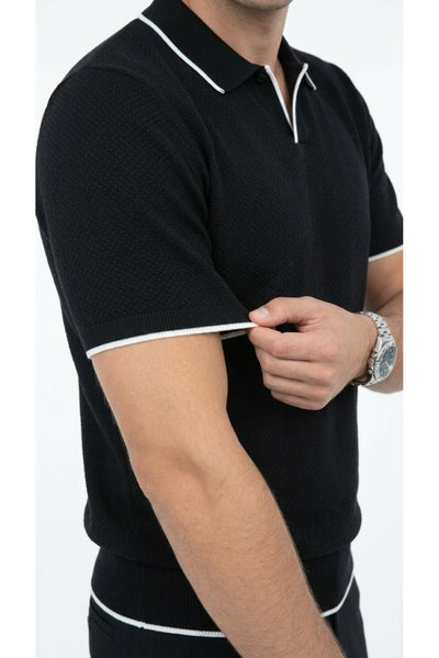 Erkek Pike Dokulu Triko Polo Yaka Tişört Slim Fit Şerit Detaylı Yazlık Model - Siyah
