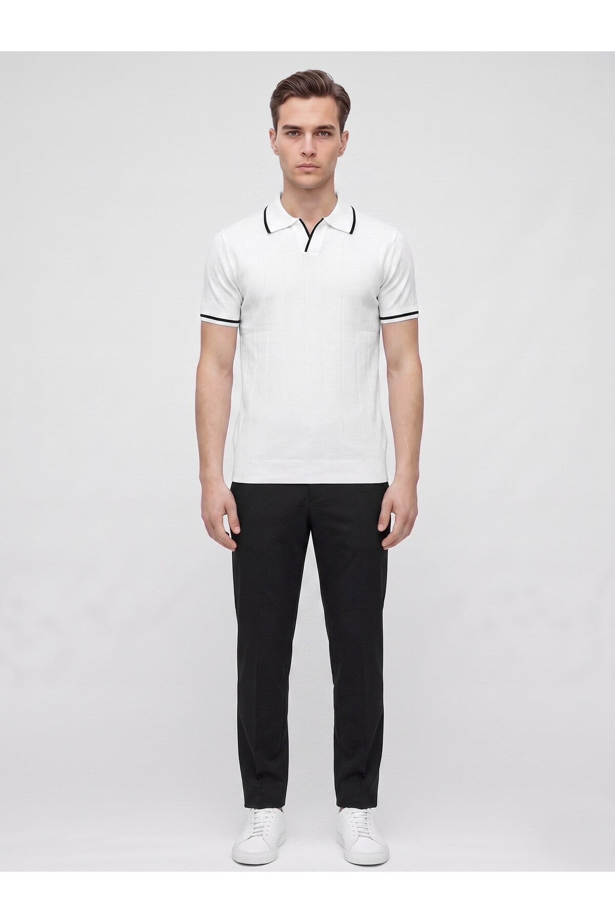 Erkek Polo Yaka Triko Kısa Kollu T-Shirt - Beyaz