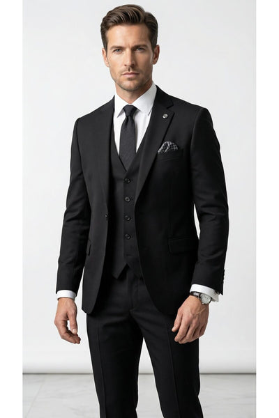 Erkek 3 Parça Slim Fit Takım Elbise –Klasik Likralı Kumaş, Tek Düğme, Çift Yırtmaçlı Modern Kesim ( - Siyah