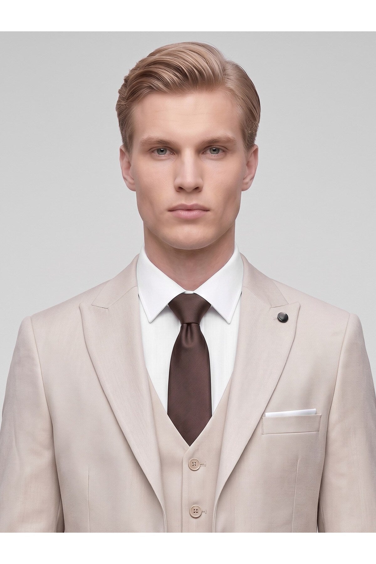 Erkek 3 Parça Slim Fit Çift Yırtmaçlı Takım Elbise Yelekli Şık Klasik Takım 6 Drop - Bej