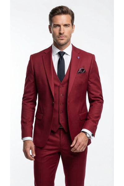 Erkek 3 Parça Slim Fit Takım Elbise –Klasik Likralı Kumaş, Tek Düğme, Çift Yırtmaçlı Modern Kesim ( - Bordo