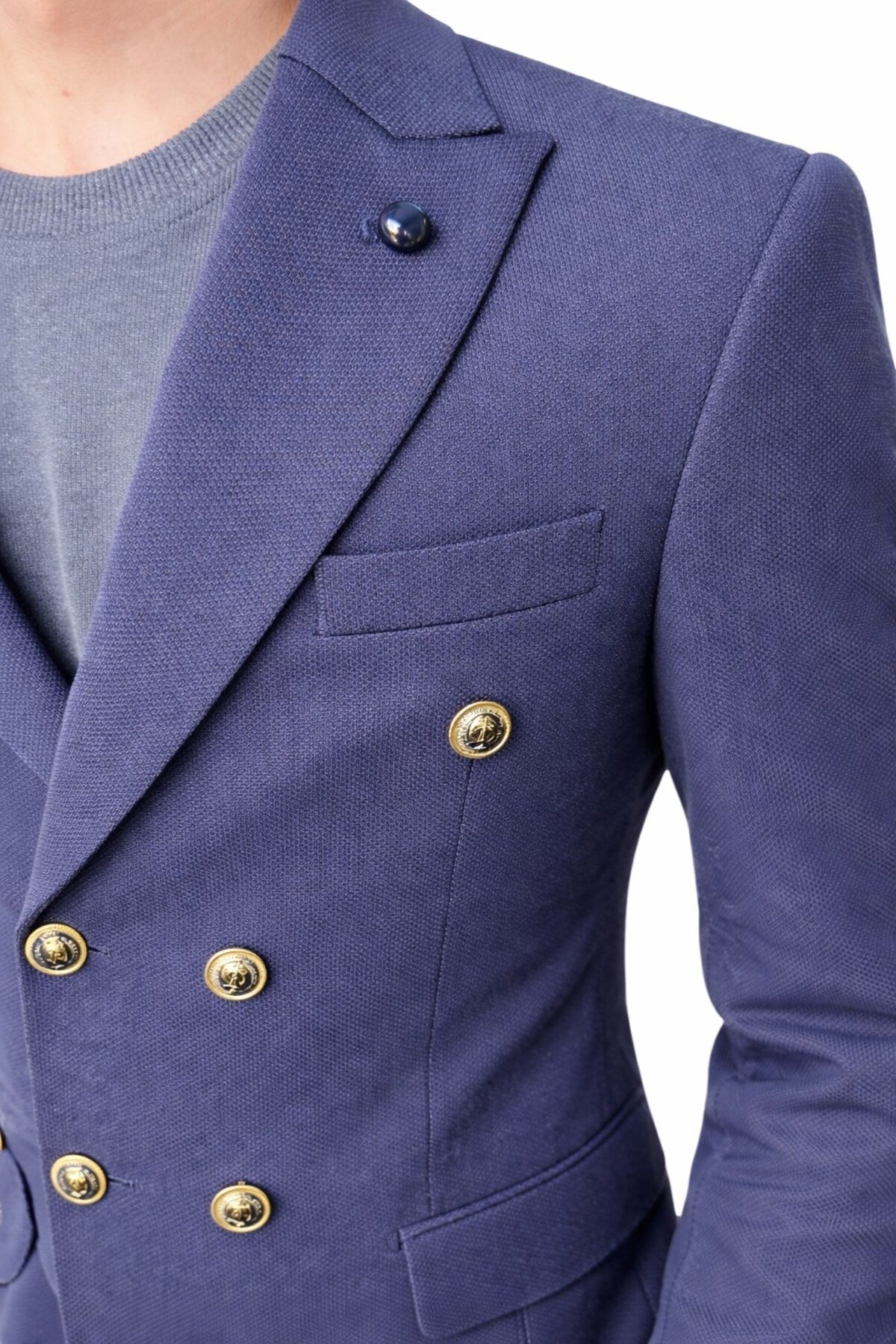 Erkek Kruvaze Gold Düğmeli Dokulu Likralı Kumaş Blazer Ceket – Modern Kesim Şık Tasarım - Lacivert