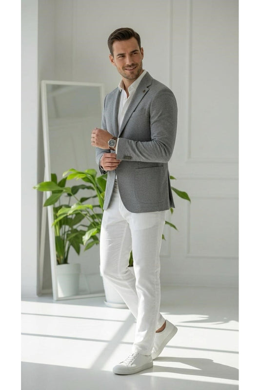Erkek Slim Fit Blazer Ceket Tek Düğmeli Çift Yırtmaçlı Torba Cepli Yarım Astarlı - Gri