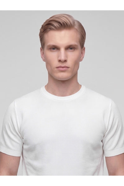 Erkek Bisiklet Yaka Kısa Kollu Triko Tişört – Slim Fit Modern Kesim Yazlık T-Shirt - Beyaz