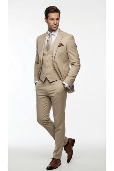 Erkek 3 Parça Slim Fit Takım Elbise –Klasik Likralı Kumaş, Tek Düğme, Çift Yırtmaçlı Modern Kesim ( - Bej