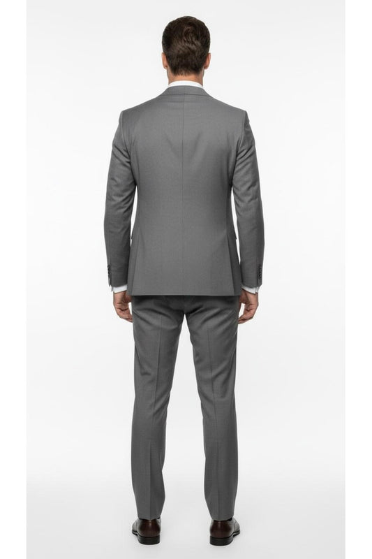 Erkek Klasik Slim Fit Takım Elbise – Notch Yaka, Yaka Punto Dikişli, Tek Düğmeli, Çift Yırtmaçlı - Gri