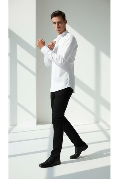 Erkek Hakim Yaka Slim Fit Gömlek – Şık, Modern, Uzun Kollu, Düz Model - Beyaz