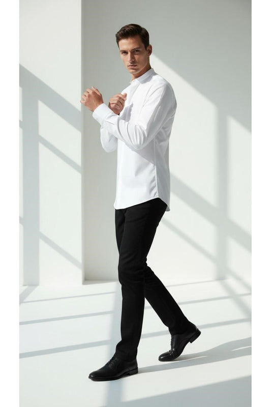 Erkek Hakim Yaka Slim Fit Gömlek – Şık, Modern, Uzun Kollu, Düz Model - Beyaz