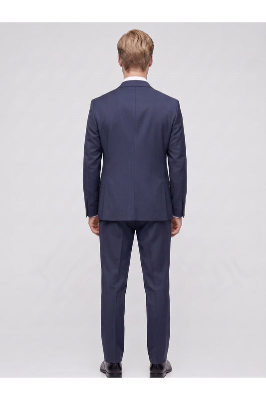 Erkek 3 Parça Slim Fit Çift Yırtmaçlı Takım Elbise Yelekli Şık Klasik Takım 6 Drop - Lacivert