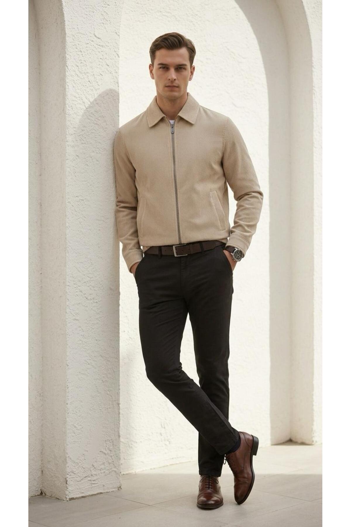 Slim Fit Fitilli Dokulu Erkek Fermuarlı Mont Ceket Günlük Şık Kombin - Bej