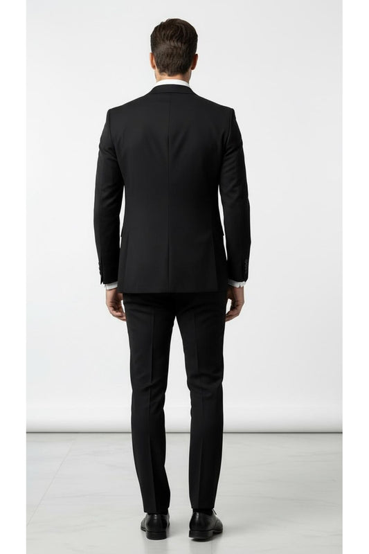Erkek 3 Parça Slim Fit Takım Elbise –Klasik Likralı Kumaş, Tek Düğme, Çift Yırtmaçlı Modern Kesim ( - Siyah