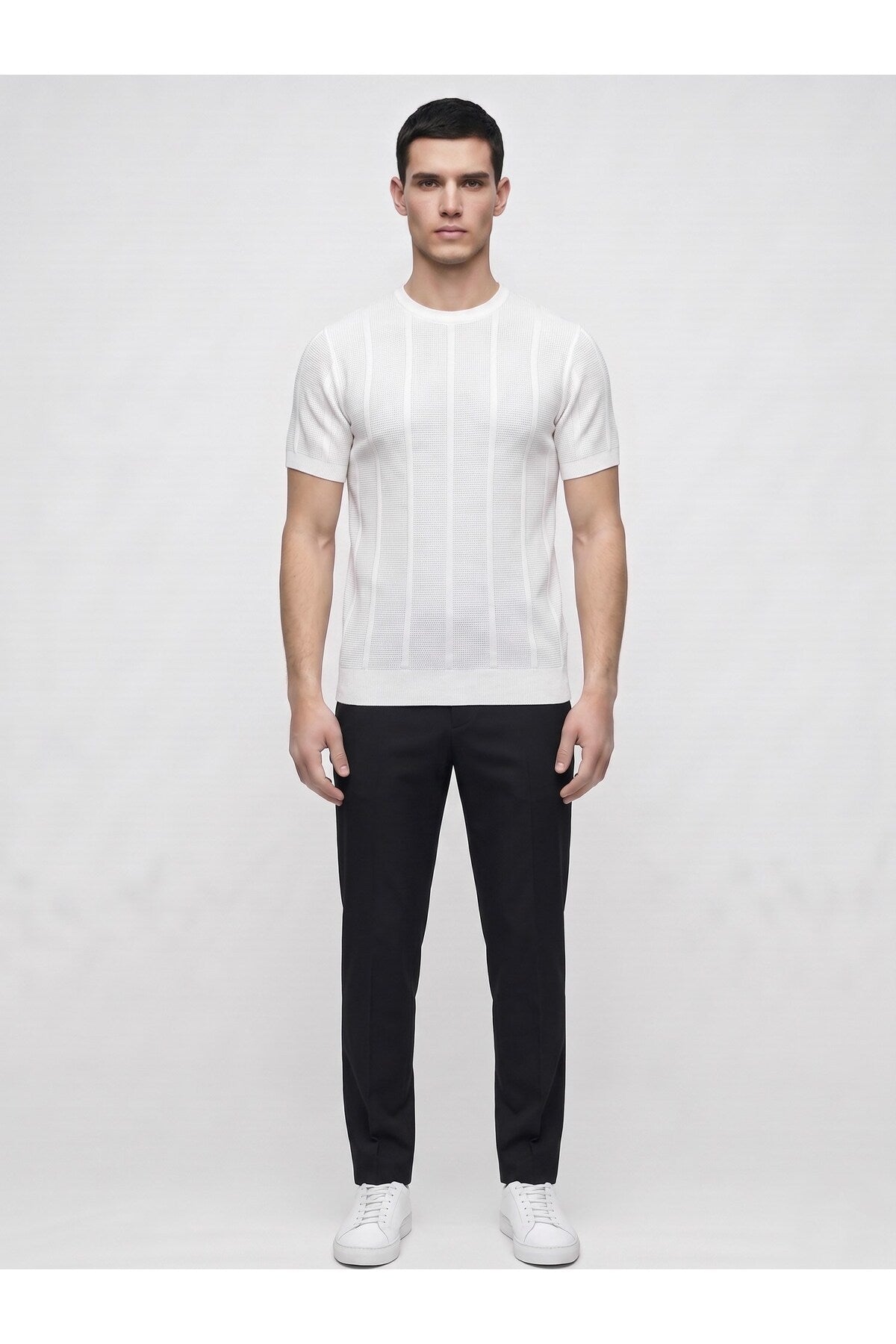 Erkek Bisiklet Yaka Kısa Kollu Triko Tişört – Dokulu Örgü Modern Kesim Yazlık T-Shirt - Beyaz