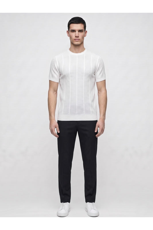 Erkek Bisiklet Yaka Kısa Kollu Triko Tişört – Dokulu Örgü Modern Kesim Yazlık T-Shirt - Beyaz