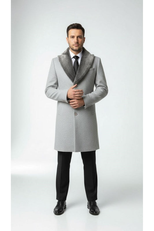 Erkek Uzun Kaşe Kaban – Çıkartılabilir Kürk Yaka, Astarlı ve Cepli Slim Fit Mont (Bej, - Gri