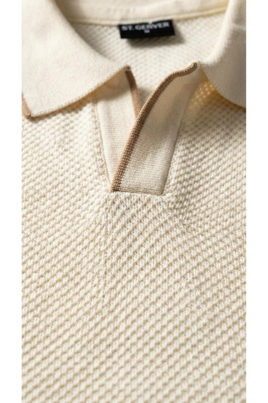 Erkek Pike Dokulu Triko Polo Yaka Tişört Slim Fit Şerit Detaylı Yazlık Model - Bej