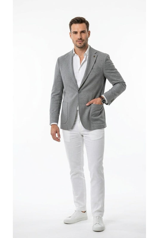 Erkek Slim Fit Blazer Ceket Tek Düğmeli Çift Yırtmaçlı Torba Cepli Yarım Astarlı - Gri