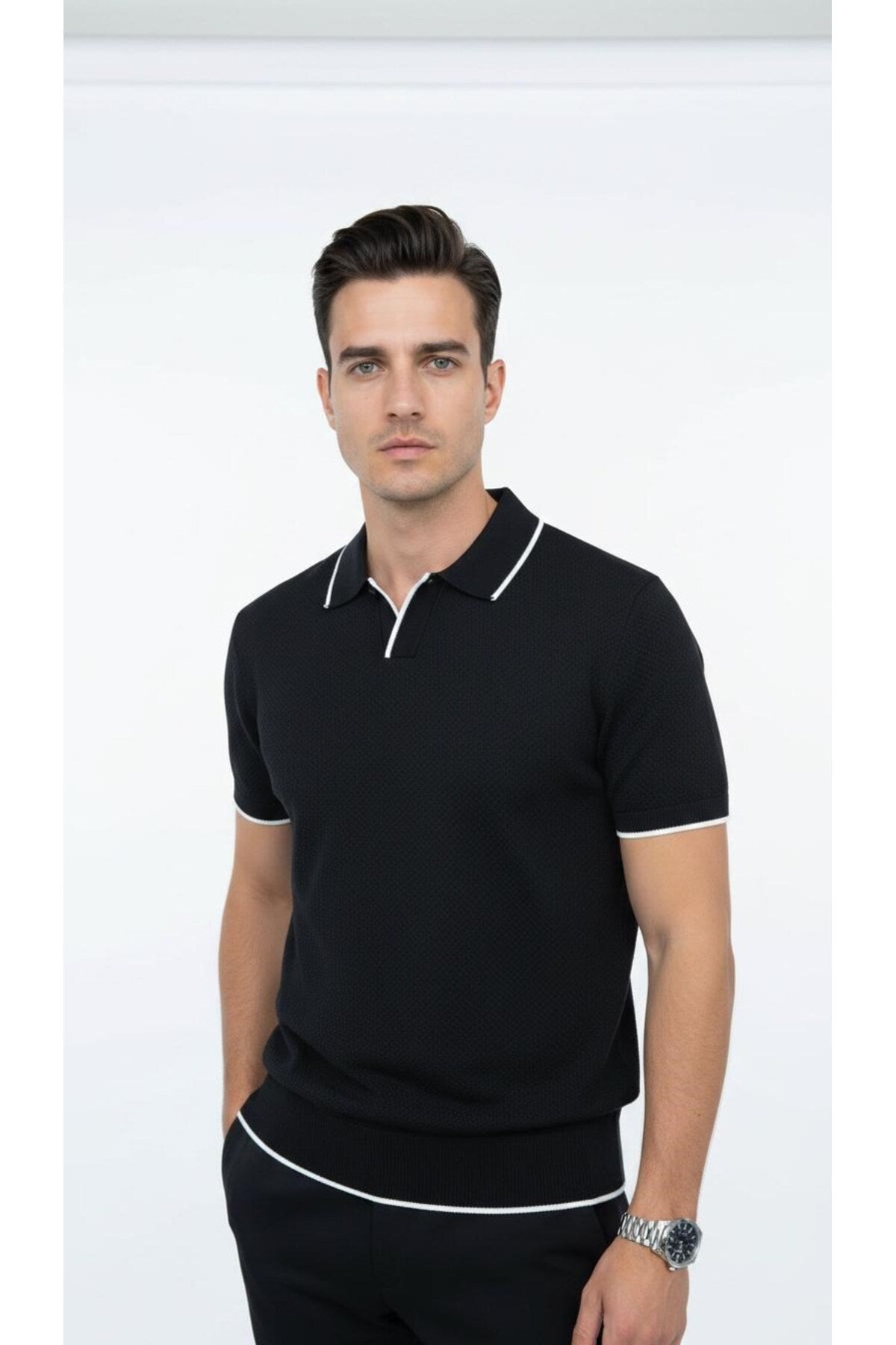 Erkek Pike Dokulu Triko Polo Yaka Tişört Slim Fit Şerit Detaylı Yazlık Model - Siyah