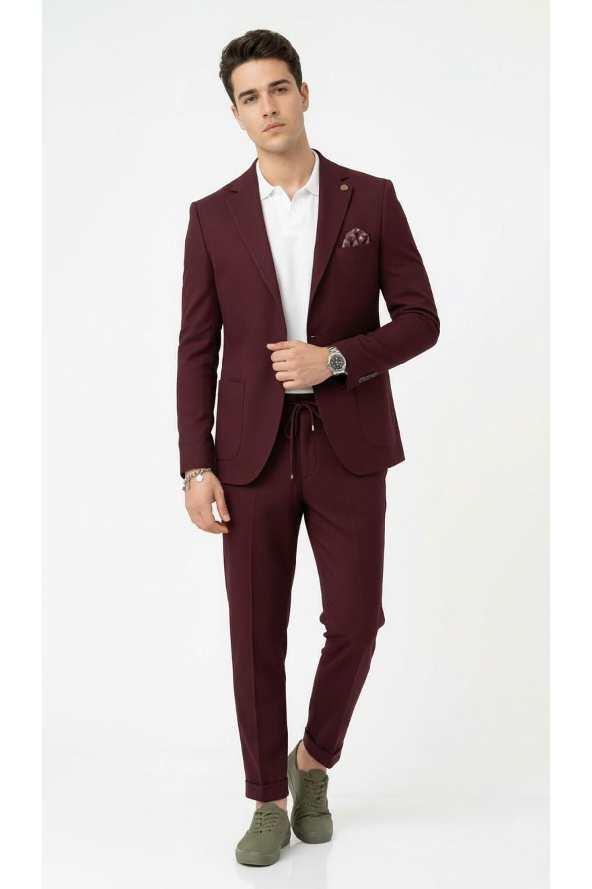 Pike Kumaş Jogger Pantolonlu Erkek Takım Elbise – Torba Cepli Tek Düğme Slim Fit Kombin - Bordo