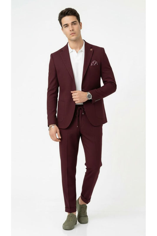 Pike Kumaş Jogger Pantolonlu Erkek Takım Elbise – Torba Cepli Tek Düğme Slim Fit Kombin - Bordo