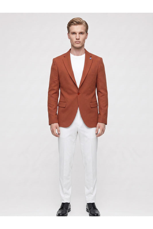 Kiremit Erkek Slim Fit Blazer Ceket – Şık, Modern, Günlük ve Ofis Kombinlerine Uygun Tek Düğmeli Erk - Turuncu