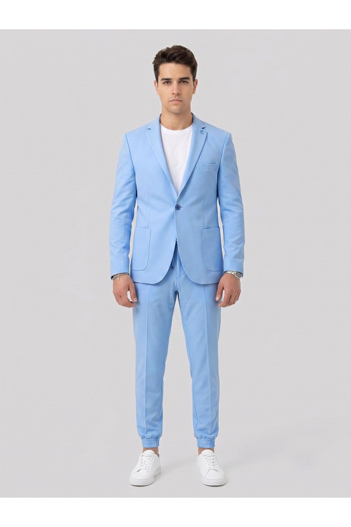 Pike Kumaş Jogger Pantolonlu Erkek Takım Elbise – Torba Cepli Tek Düğme Slim Fit Kombin - Mavi