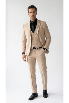 Erkek Klasik Slim Fit Armürlü Kumaş Tek Düğmeli Çift Yırtmaçlı Klasik Yaka Takım Elbise 7 Drop - Bej