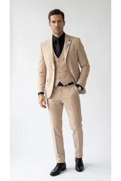 Erkek Klasik Slim Fit Armürlü Kumaş Tek Düğmeli Çift Yırtmaçlı Klasik Yaka Takım Elbise 7 Drop - Bej