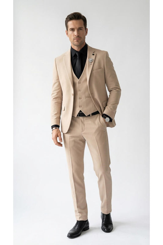 Erkek Klasik Slim Fit Armürlü Kumaş Tek Düğmeli Çift Yırtmaçlı Klasik Yaka Takım Elbise 7 Drop - Bej